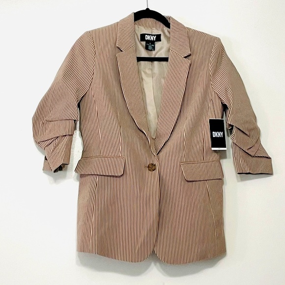 Dkny Jackets & Blazers - DKNY Ruched 3Q Sleeves One Button Pinstripe Blazer in Khaki Brown